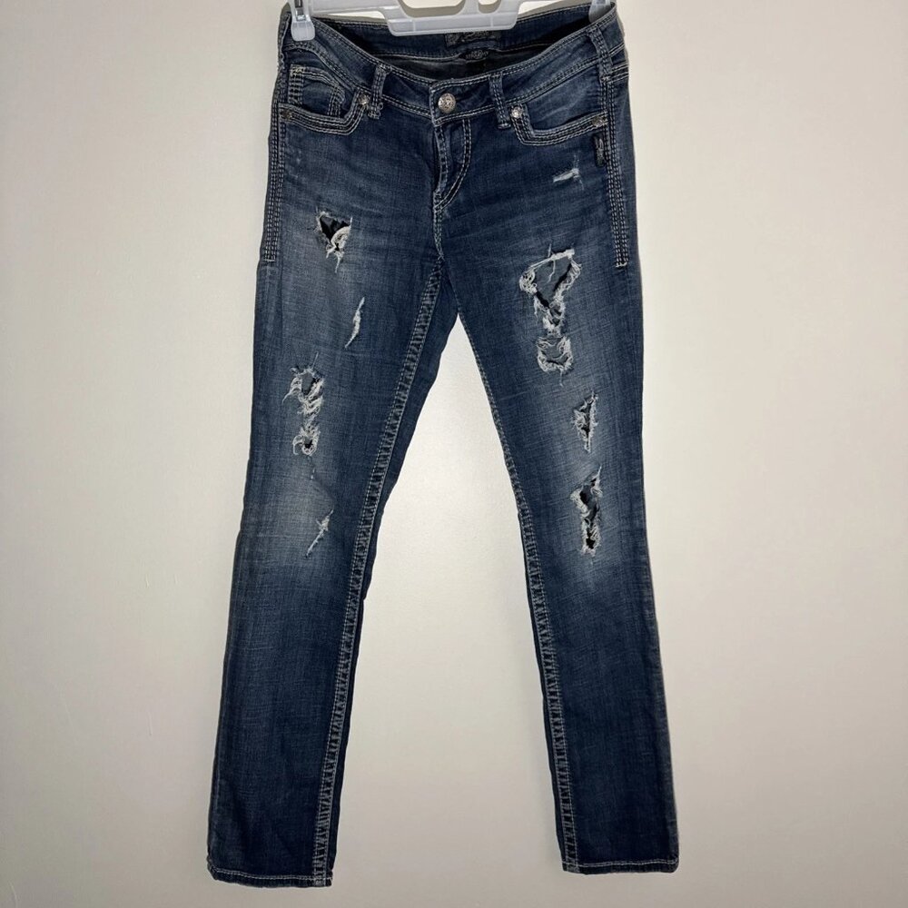 Silver Jeans Aiko Straight W30/L34 Medium Wash Ripped Distressed Women's Denim